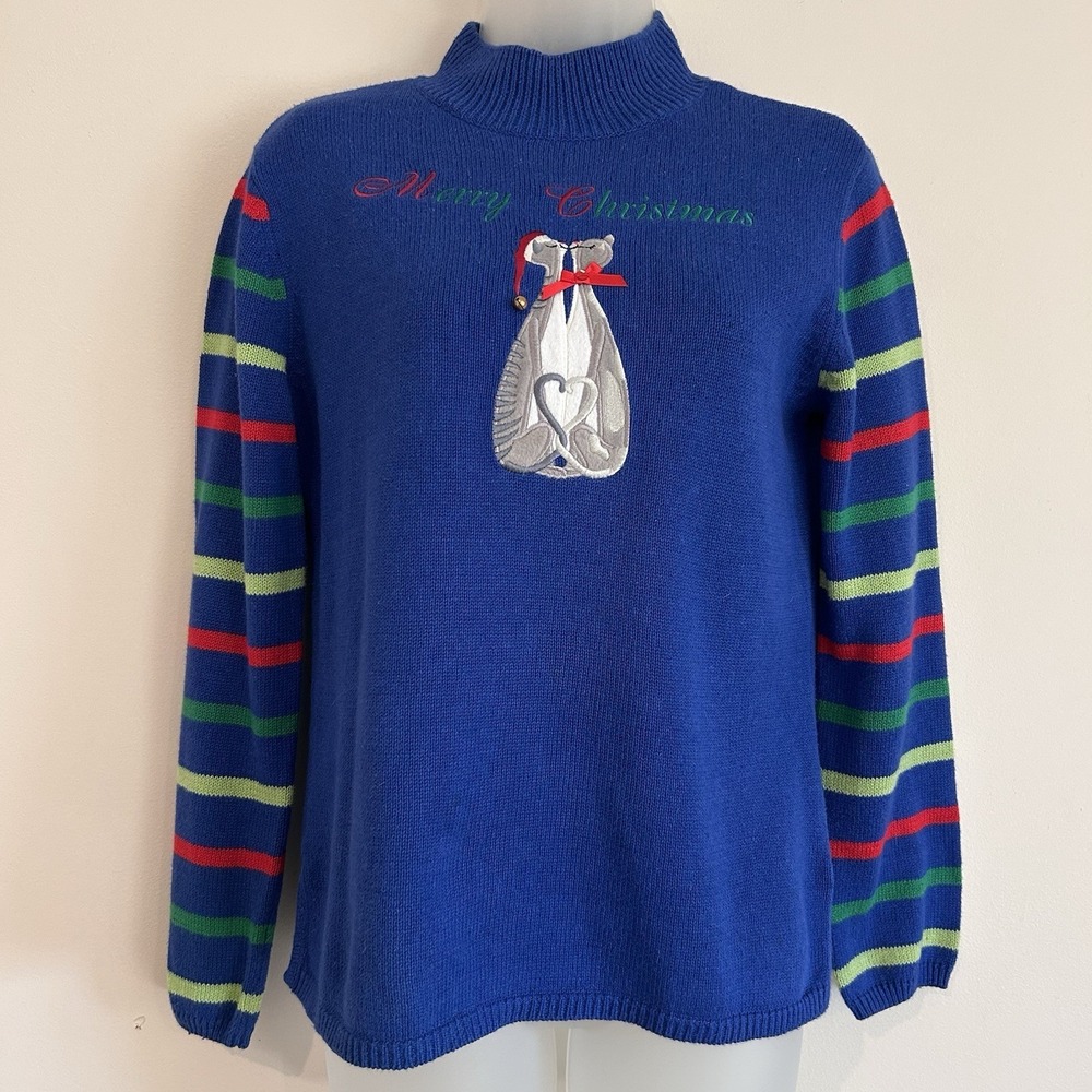 Merry & Bright Christmas Sweater Sz PS Cats Holiday Embroidered Blue Pullover